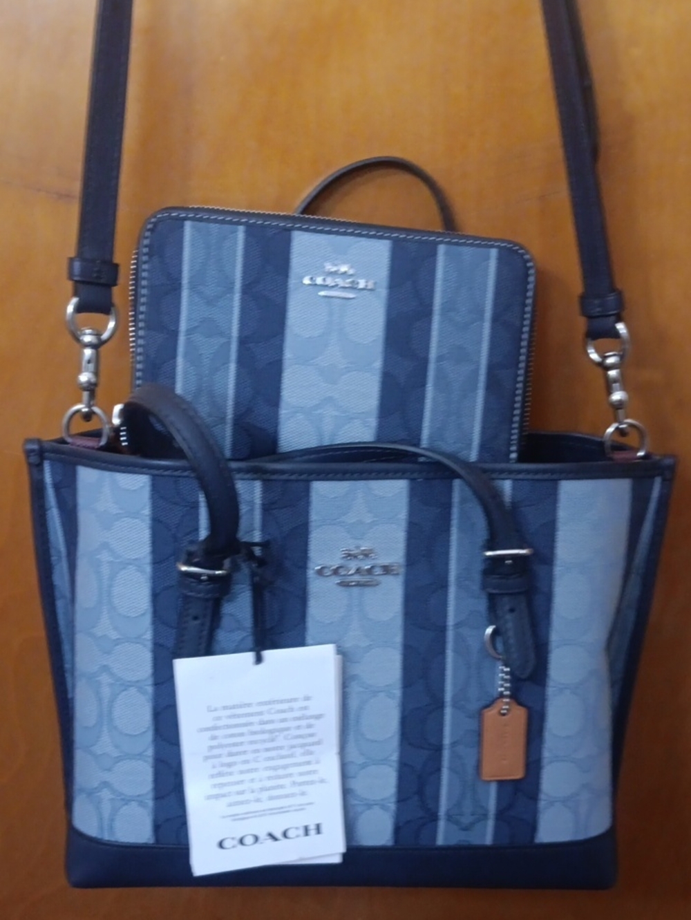 Coach Navy and Light Blue Signature Stripe Tote with Wallet